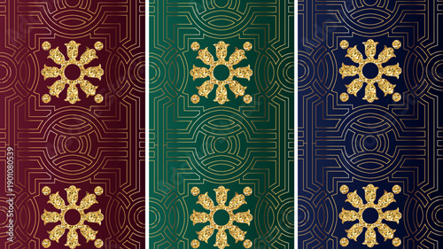 Luxury Art Deco gold pattern set, elegant geometric seamless ornaments with glitter on burgundy green and navy backgrounds. Perfect for high-end packaging and luxury event stationery