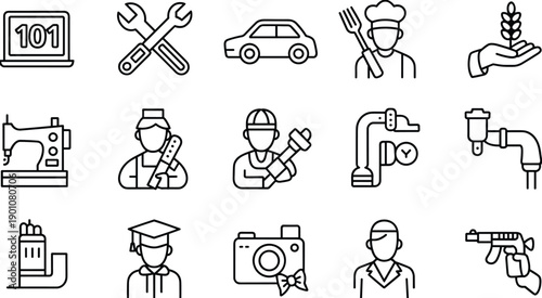 Set of professional occupation and service icons including mechanic, driver, chef, farmer, plumber, tailor, engineer, student, photographer, and technician in modern outline style