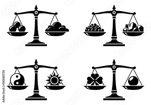 Graphic balance scales set featuring various items for comparison and measurement
