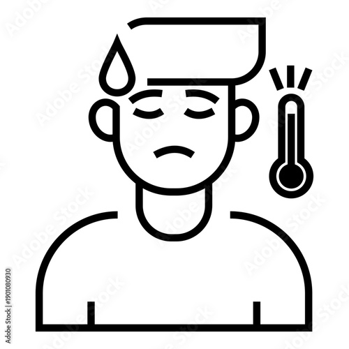Outline icon showing an unwell person with sweat drop and thermometer, representing illness, fever, exhaustion, or health warning concept.