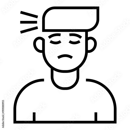 Line icon of a person with eyes closed and pain marks near the head, representing headache, illness, discomfort, fatigue, or health problem concept.