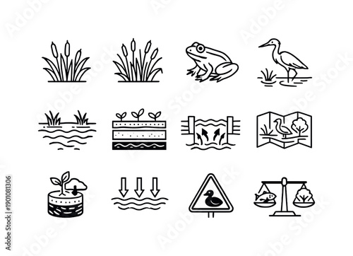 Wetland Restoration. Line outline icon set of Wetland Restoration: marsh plants, reeds, frog, water bird,