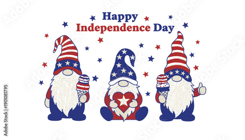 Vector illustration of three patriotic gnomes with American flag hats and 'Happy Independence Day' text, for banner or poster