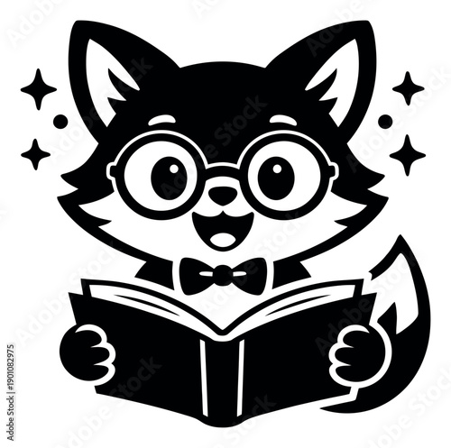 Cute hand drawn illustration of a cheerful fox depicting reading a book for children's education and literary themes