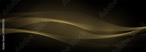 Gold wave swoosh on black wide abstract background. Vector illustration with golden wavy lines