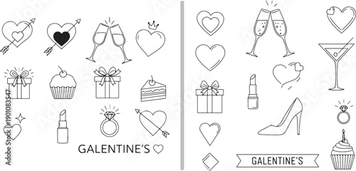 A diverse collection of minimalist vector line icons celebrating Galentine's Day. Featuring gift boxes, champagne toasts, cupcakes, high heels, lipstick, rings, and various heart-themed symbols.