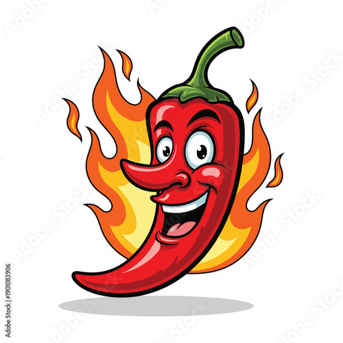 A cheerful cartoon chili pepper character is engulfed in vibrant stylized flames creating a spicy visual