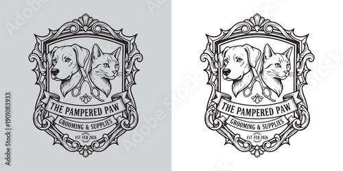 Luxury Pet Grooming Emblem with Dog and Cat Illustration