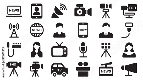 Black news media icons set in flat style for journalism and broadcasting