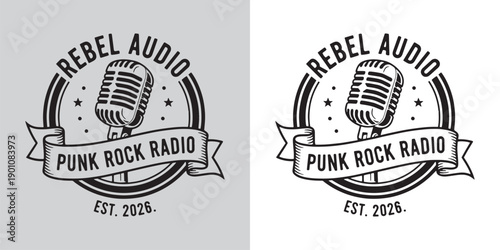 Punk Rock Radio Vintage Microphone Emblem with Stars