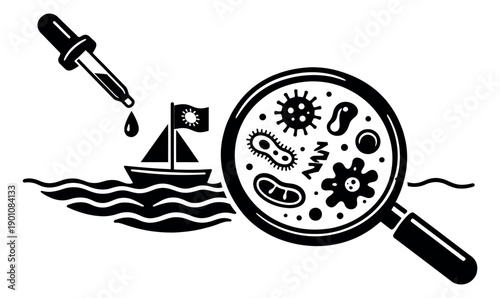 Line art illustration of marine ecosystem investigation depicting a boat, dropper, and microbes for environmental monitoring