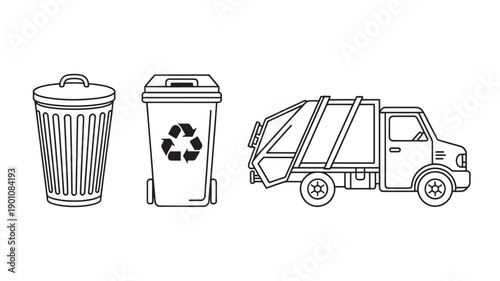 Trash cans and recycling truck in line illustration for environmental conservation