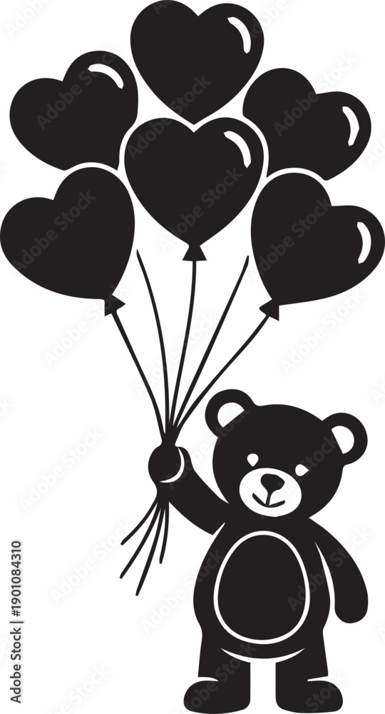Naklejka premium Black silhouette teddy bear holding heart balloons vector illustration