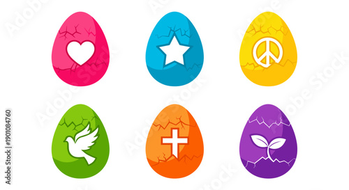 A set of six colorful Easter eggs with various symbols on transparent background