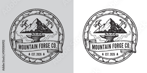Blacksmith and Forge Emblem with Mountain Anvil and Hammer Tools