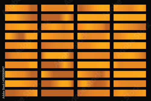 Metalic gradient collection with shiny gold hologram. Holographic foil texture, gold rose, brown and golden gradation. Vector set for frame, ribbon, border, other design.