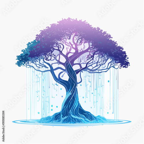 Enchanting bioluminescent tree with cascading ethereal glow, a mystical natural wonder