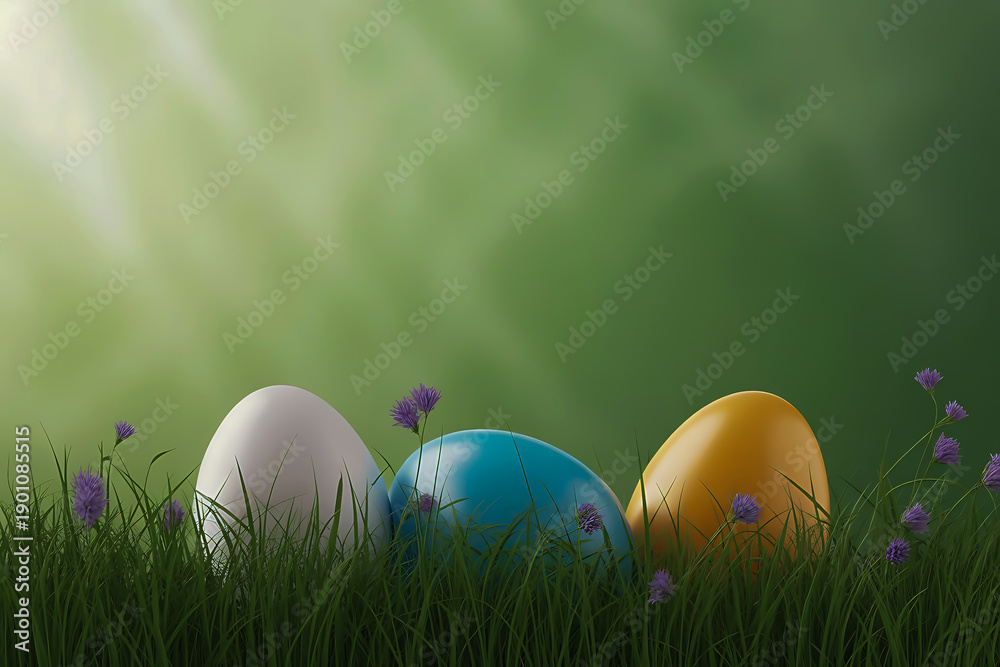 Fototapeta premium Three large colorful easter eggs hidden in tall green grass with light