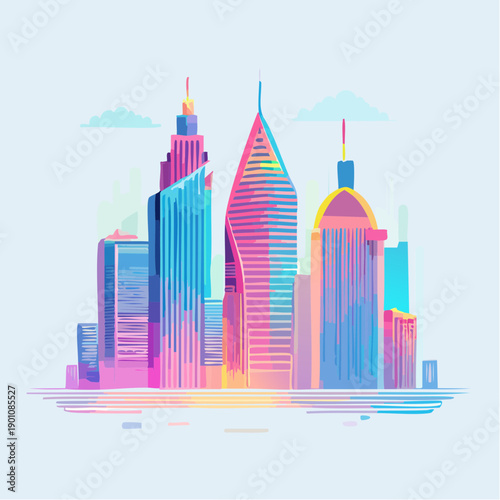 Vibrant Cityscape illustration featuring modern skyscrapers with a colorful, abstract design
