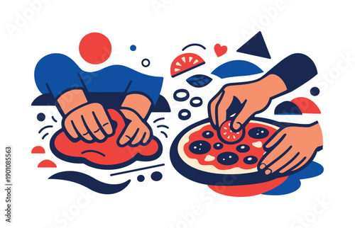 Hands-on pizza making. Close-up of hands kneading dough and adding toppings, textures simplified into abstract