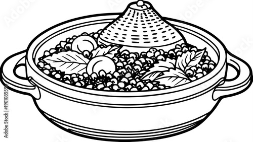 Very beautiful close-up of traditional Algerian couscous served with slow-cooked lamb, vegetables, and aromatic broth, garnished with parsley and cinnamon for authentic cultural cuisine.