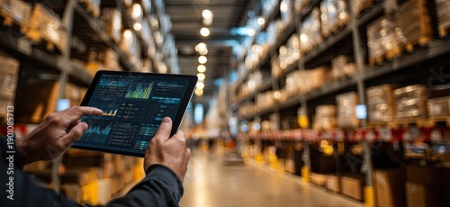 Person uses tablet with charts in a large, organized warehouse