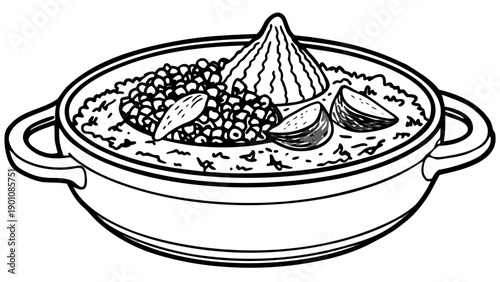 Very beautiful close-up of traditional Algerian couscous served with slow-cooked lamb, vegetables, and aromatic broth, garnished with parsley and cinnamon for authentic cultural cuisine.