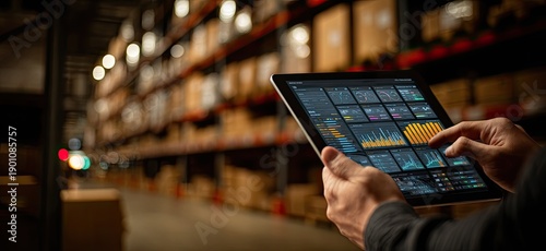 Hand holding tablet displaying warehouse analytics near shelves of boxes