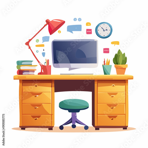 Modern computer desk with office supplies and a plant for a home office