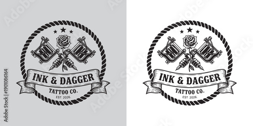 Traditional Tattoo Studio Emblem with Tattoo Machines and Rose