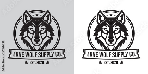 Lone Wolf Outdoor Supply Co Logo Emblem with Forest Pine Trees
