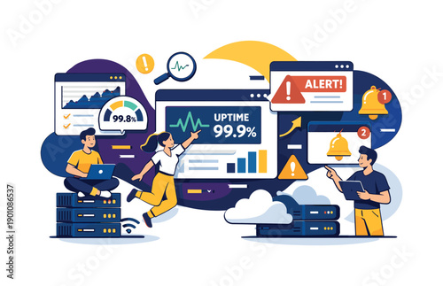 Monitoring and uptime. Dashboards, graphs, and alerts floating above infrastructure elements, real-time