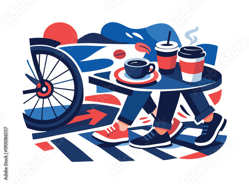 Street life details. Close-up of bike wheels, cafe cups, street markings, and shoes walking by, layered into