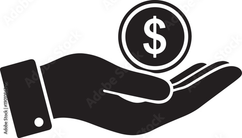 Black hand holding a coin with dollar sign on white background money finance