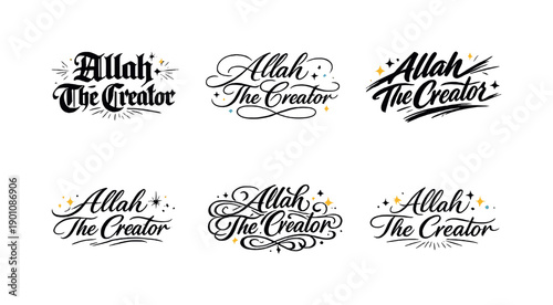 Divine Calligraphy Styles. Allah The Creator. Create a calligraphy lettering illustration of the phrase: Allah