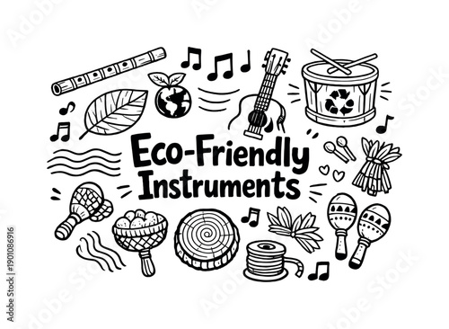 Eco-Friendly Instruments. Hand-drawn doodle illustration of Eco-Friendly Instruments. bamboo flute, wooden