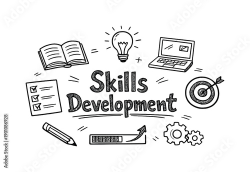 Skills Development. Hand-drawn doodle illustration of Skills Development. book, laptop, checklist, progress