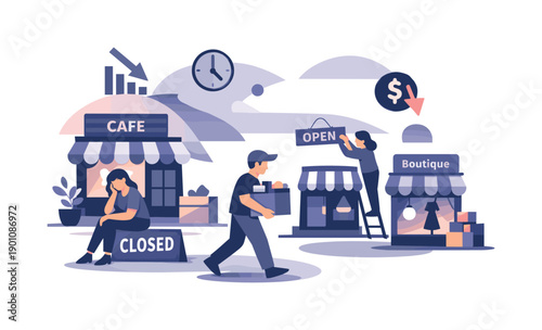 Business contraction. Small businesses reducing operations, storefront lights dimming and shrinking icons.