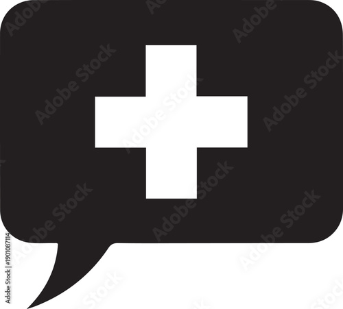 Black speech bubble with white plus symbol inside chat plus sign medical symbol healthcare communication