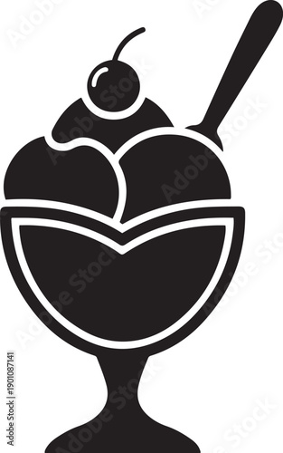 Black silhouette of an ice cream sundae in a glass dish with a cherry on and a spoon dessert sweet food