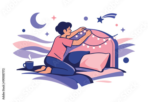 Creating cozy vibes. Person pinning fairy lights around a headboard, gentle light waves filling the room.