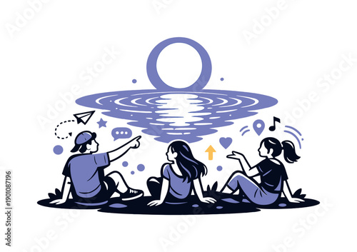 Moonlit reflection. Bright moon mirrored on a calm lake, smooth ripples spreading outward. The scene feels