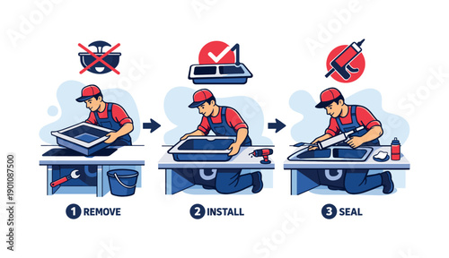 Step-by-step replacement. Visual sequence of removing, fitting, and sealing the sink, icons guiding each step.
