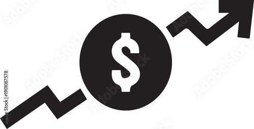 Dollar sign in circle with upward jagged arrow, black icon symbolizing financial growth and rising profits