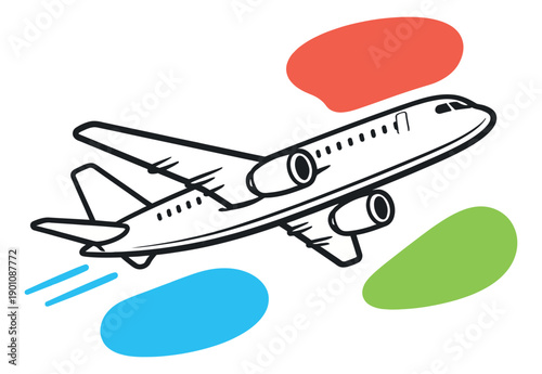 Line art illustration of an airplane depicting take off for global travel and tourism