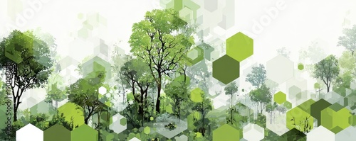 Lush green forest scene with abstract geometric hexagons overlaying the trees