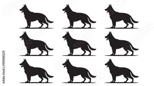 German Shepherd dog silhouettes in various poses on white background in minimalist style with black color and flat lighting for animal or pet design