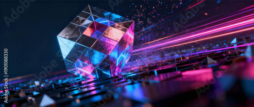 A vector composition with 3D effects of a swarm of glowing polygons moving and transforming into complex shapes.