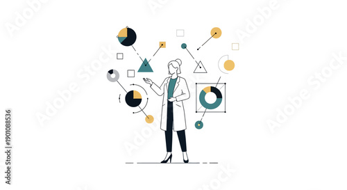 A professional woman in a lab coat presents data surrounded by colorful geometric shapes and graphs on a clean white background with a modern design aesthetic.