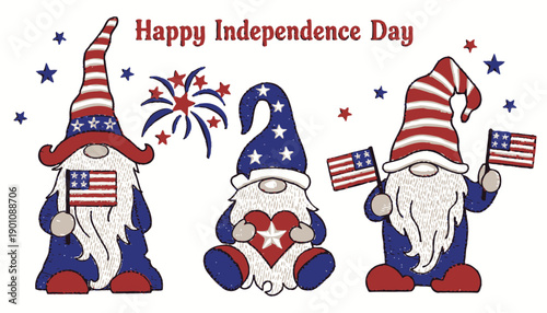 patriotic gnomes with American flags and fireworks, Independence Day illustration, for banner or poster or social media